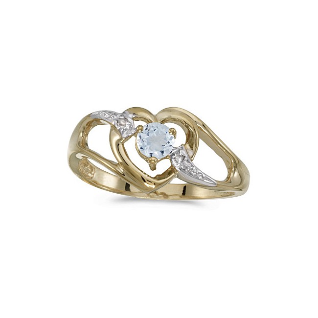 10k Yellow Gold Round Aquamarine And Diamond Heart Ring