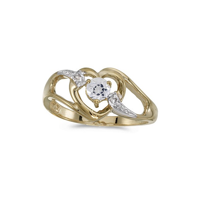 10k Yellow Gold Round White Topaz And Diamond Heart Ring