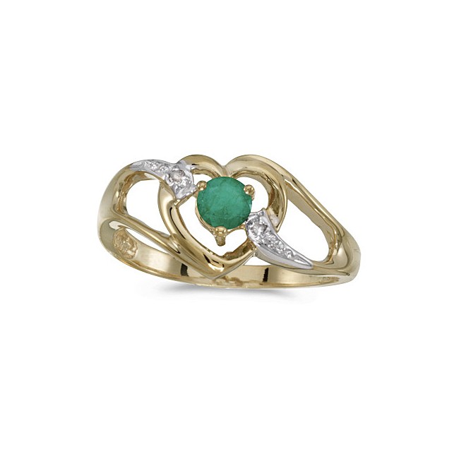 10k Yellow Gold Round Emerald And Diamond Heart Ring