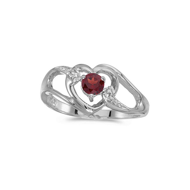 10k White Gold Round Garnet And Diamond Heart Ring