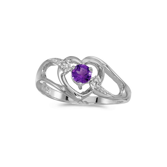 10k White Gold Round Amethyst And Diamond Heart Ring