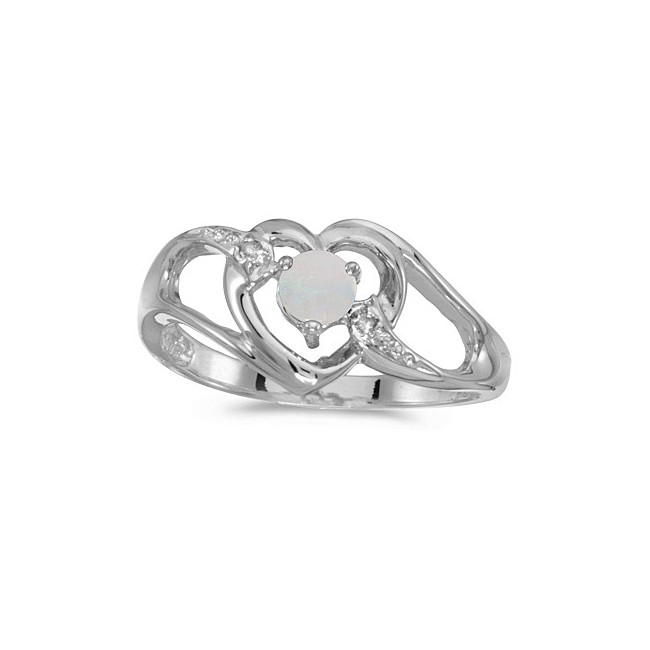 10k White Gold Round Opal And Diamond Heart Ring