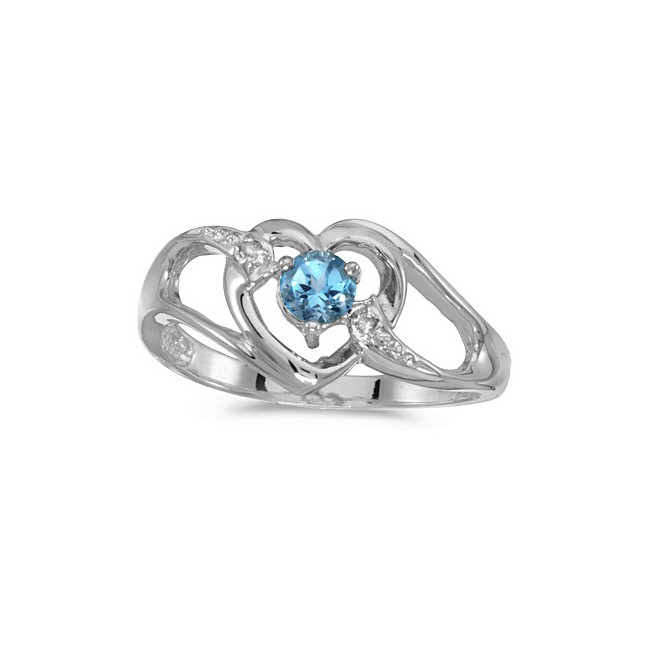 10k White Gold Round Blue Topaz And Diamond Heart Ring