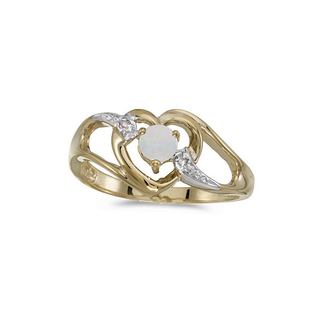 14k Yellow Gold Round Opal And Diamond Heart Ring