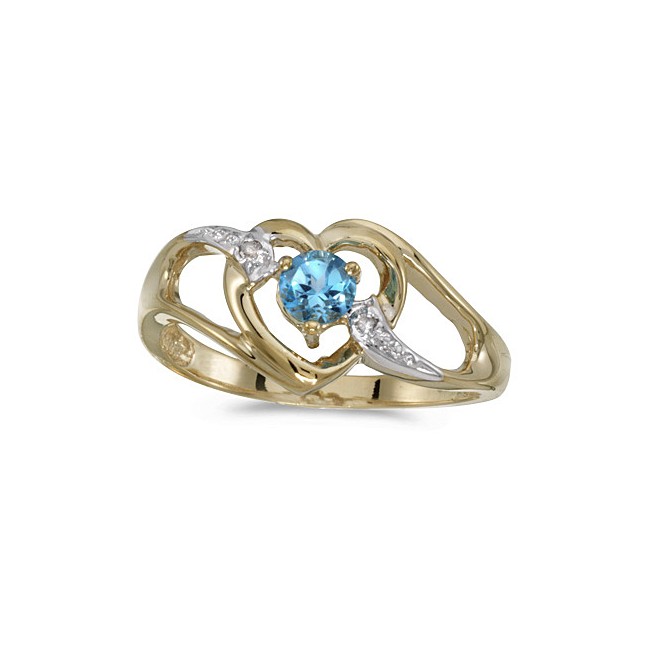 14k Yellow Gold Round Blue Topaz And Diamond Heart Ring