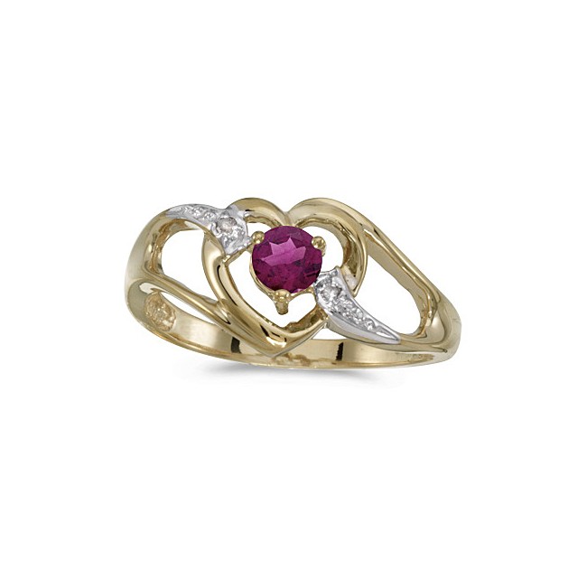 14k Yellow Gold Round Rhodolite Garnet And Diamond Heart Ring