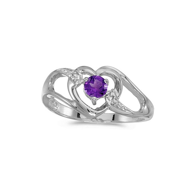 14k White Gold Round Amethyst And Diamond Heart Ring