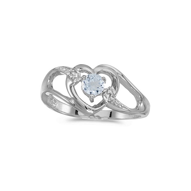 14k White Gold Round Aquamarine And Diamond Heart Ring