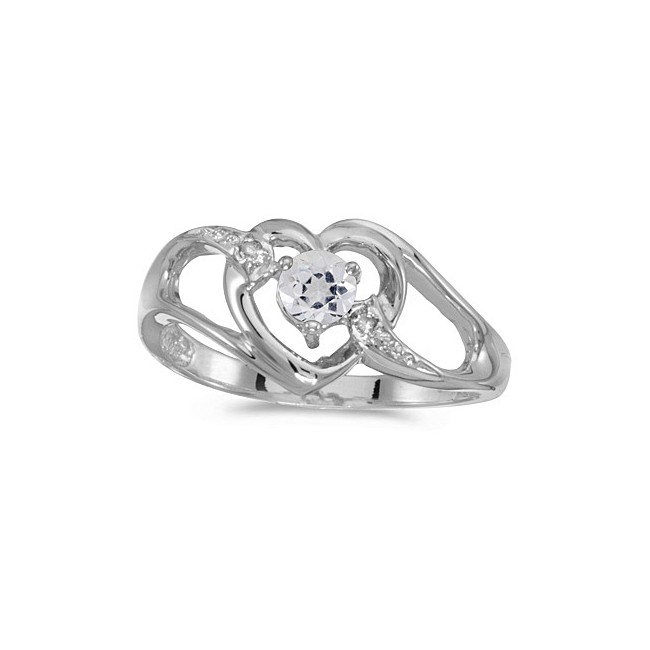 14k White Gold Round White Topaz And Diamond Heart Ring