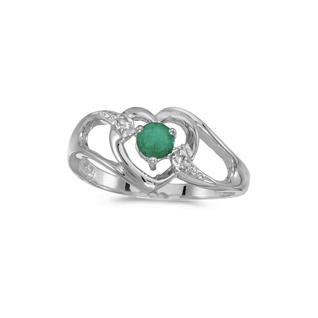 14k White Gold Round Emerald And Diamond Heart Ring