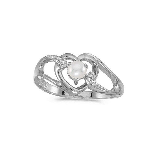 14k White Gold Pearl And Diamond Heart Ring