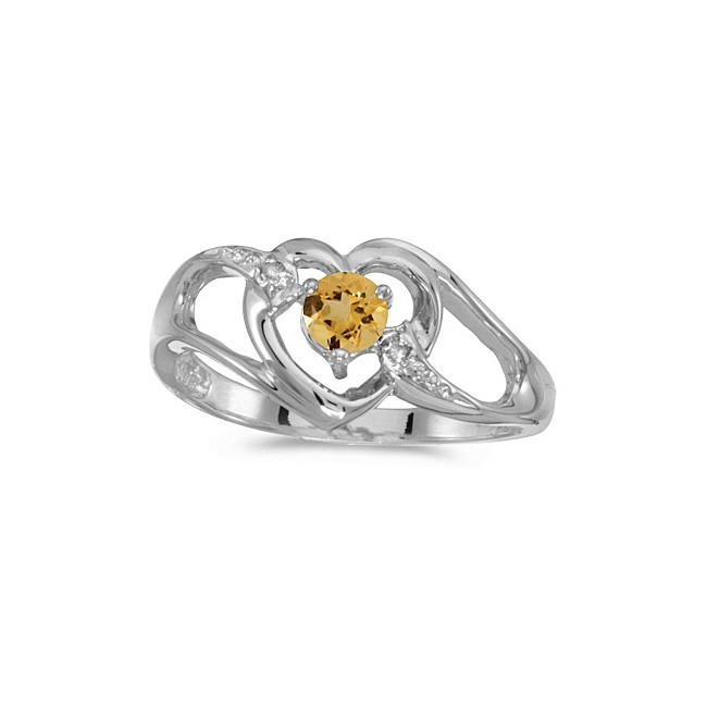 14k White Gold Round Citrine And Diamond Heart Ring