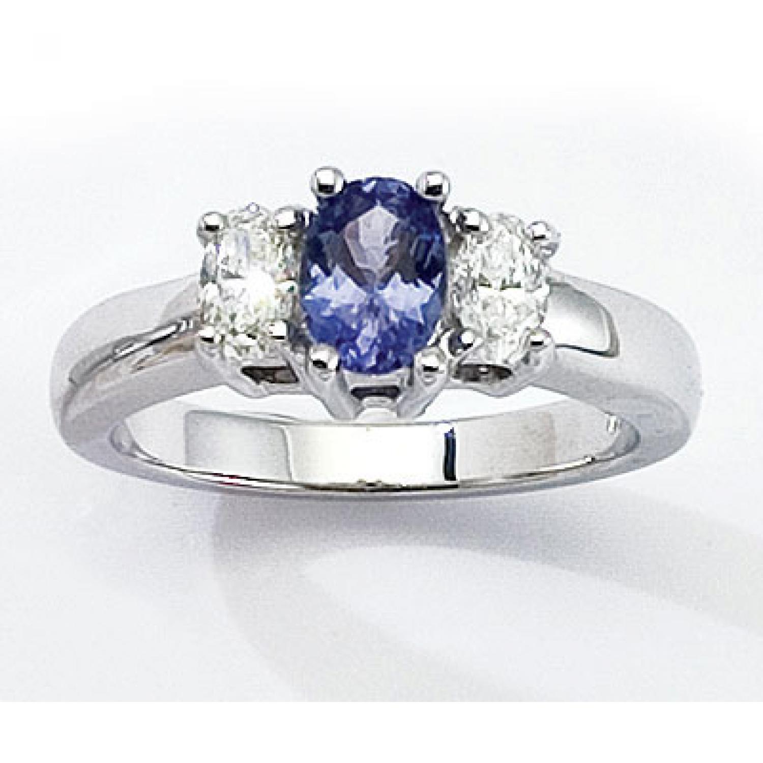 14K Yellow Gold Three Stone 7x5 Oval Tanzanite and .50 Ct Diamond Ring