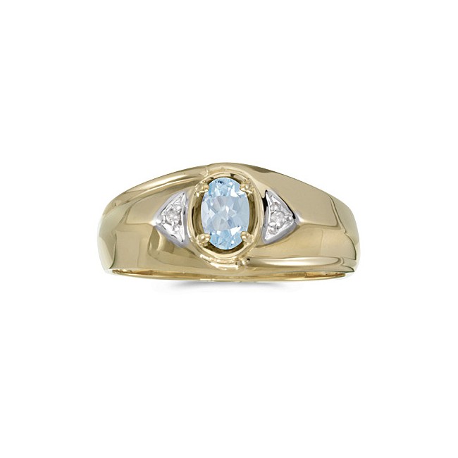 10k Yellow Gold Oval Aquamarine And Diamond Gents Ring