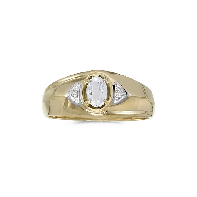 10k Yellow Gold Oval White Topaz And Diamond Gents Ring