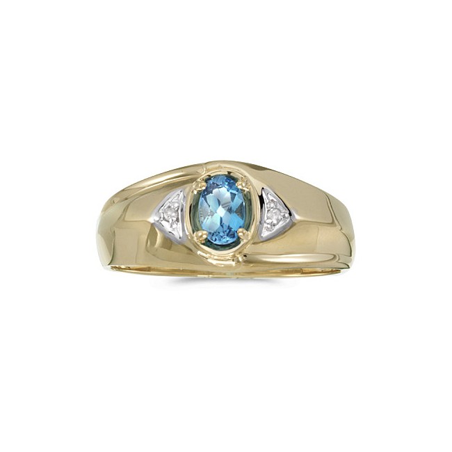 10k Yellow Gold Oval Blue Topaz And Diamond Gents Ring