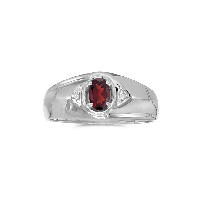 14k White Gold Oval Garnet And Diamond Gents Ring