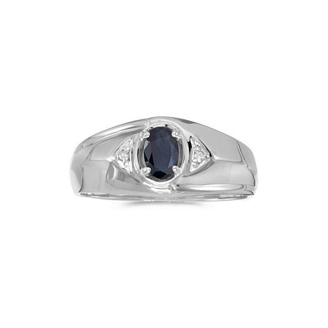 14k White Gold Oval Sapphire And Diamond Gents Ring