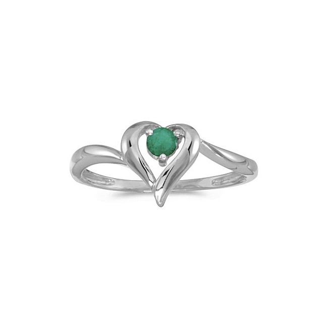 14k White Gold Round Emerald Heart Ring