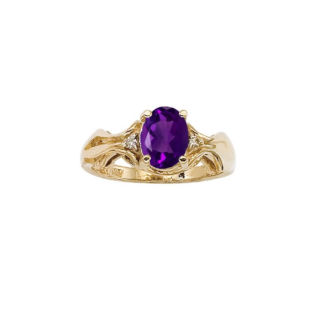 14K Yellow Gold 8x6 Oval Amethyst and Diamond Ring