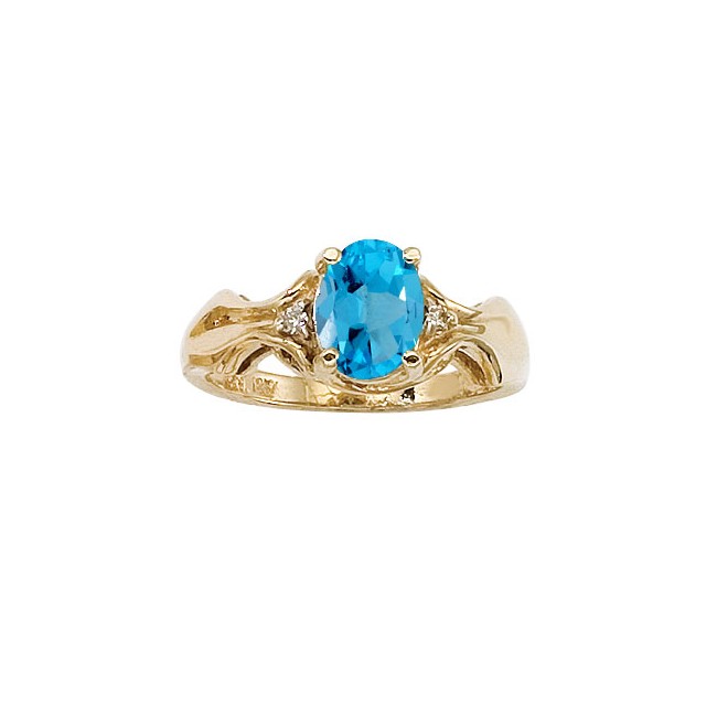 14K Yellow Gold 8x6 Oval Blue Topaz and Diamond Ring