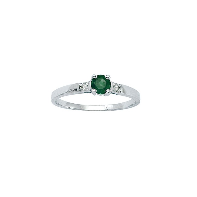 14K White Gold Round Emerald and Diamond Ring