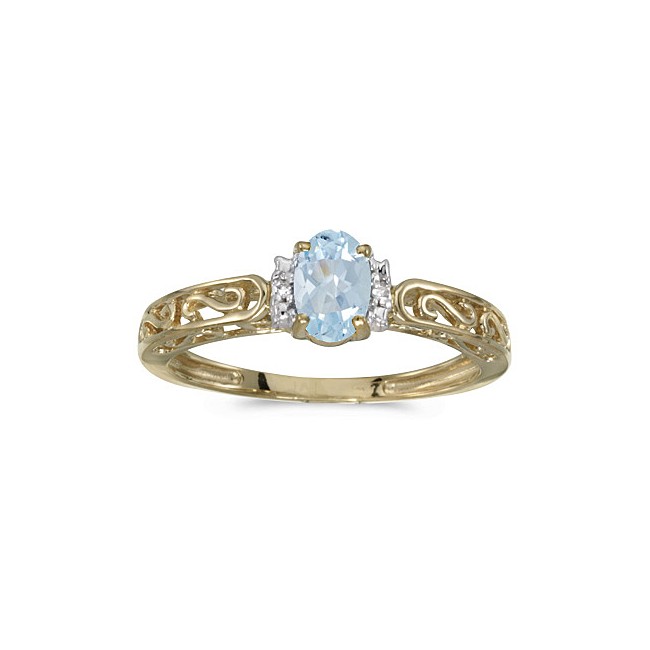 10k Yellow Gold Oval Aquamarine And Diamond Ring