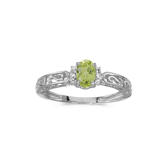 10k White Gold Oval Peridot And Diamond Ring