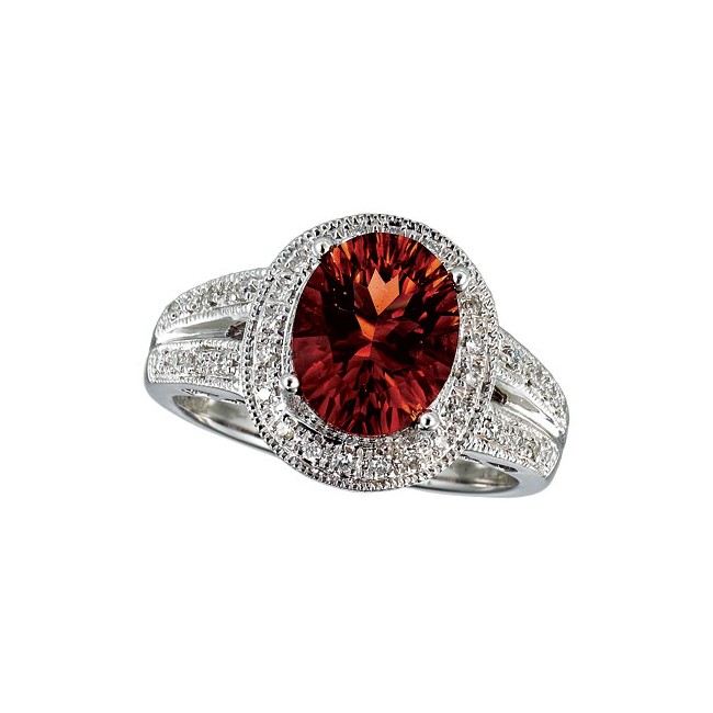 14K White Gold 10x8 Oval Garnet and Diamond Ring