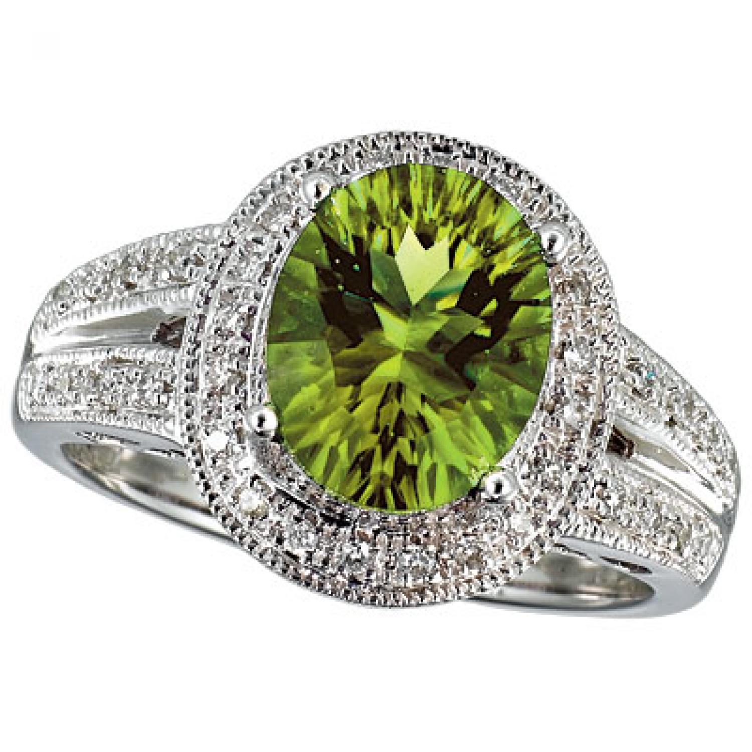 14K White Gold 10x8 Oval Peridot and Diamond Ring