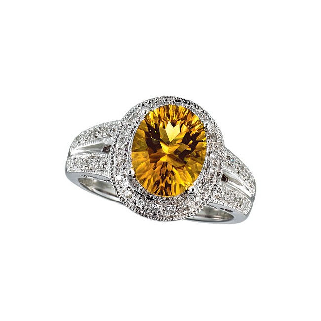 14K White Gold 10x8 Oval Citrine and Diamond Ring