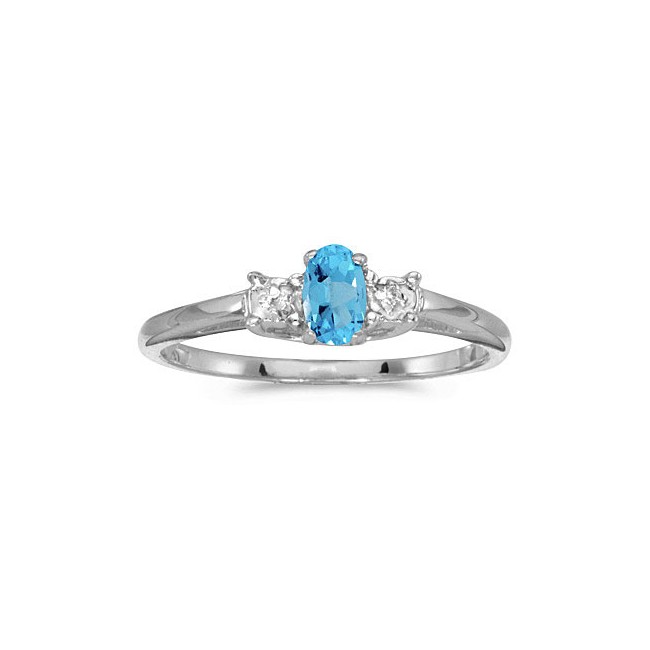 14K White Gold Oval Blue Topaz and diamond accent birthstone ring