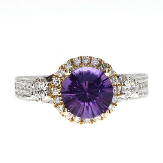 14K Two Tone White and Yellow Gold 8mm Round Concave Amethyst and .55 Ct Diamond