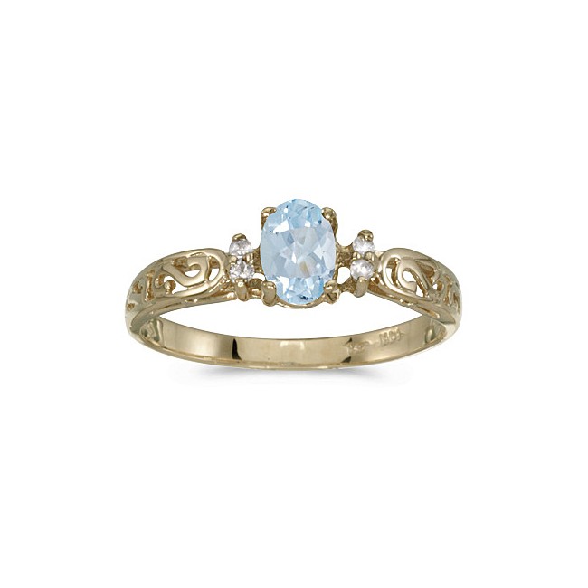 14k Yellow Gold Oval Aquamarine And Diamond Filagree Ring