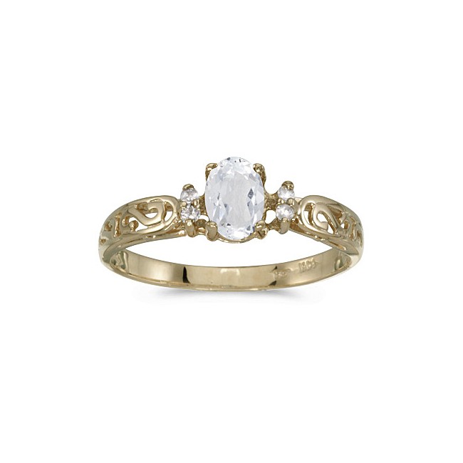 14k Yellow Gold Oval White Topaz And Diamond Filagree Ring