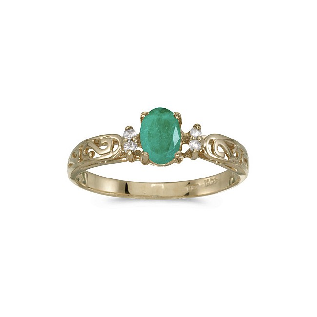 14k Yellow Gold Oval Emerald And Diamond Filagree Ring