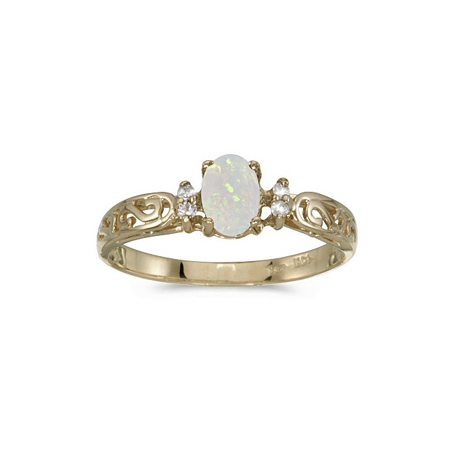 14k Yellow Gold Oval Opal And Diamond Filagree Ring