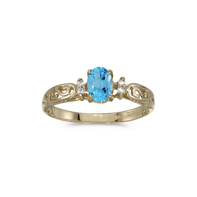 14k Yellow Gold Oval Blue Topaz And Diamond Filagree Ring