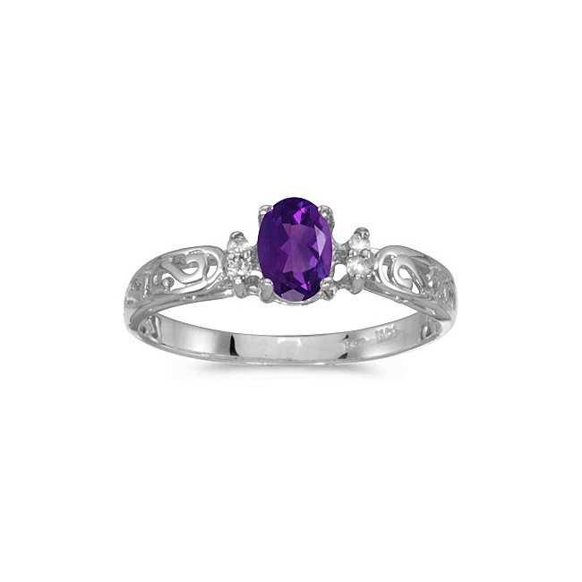 14k White Gold Oval Amethyst And Diamond Filagree Ring