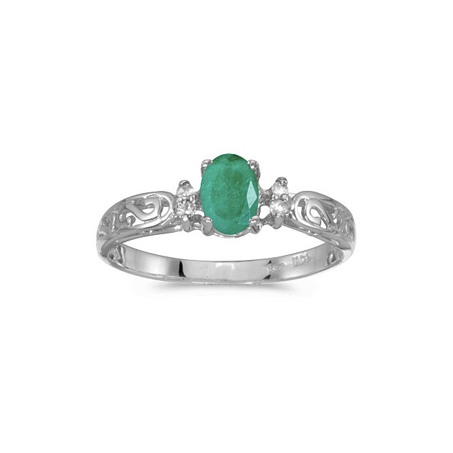 14k White Gold Oval Emerald And Diamond Filagree Ring