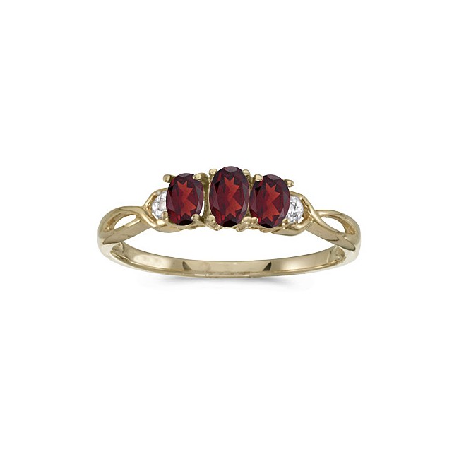 10k Yellow Gold Oval Garnet And Diamond Three Stone Ring