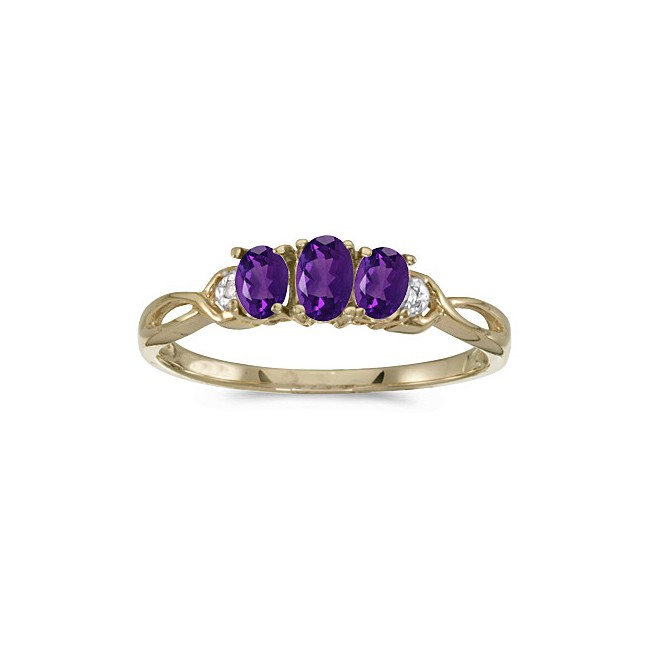 10k Yellow Gold Oval Amethyst And Diamond Three Stone Ring