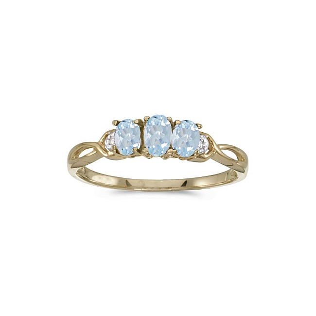 10k Yellow Gold Oval Aquamarine And Diamond Three Stone Ring