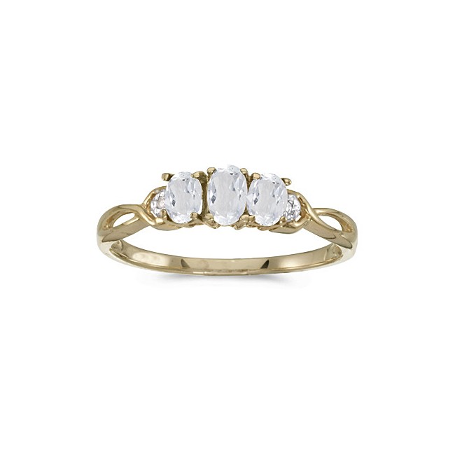 10k Yellow Gold Oval White Topaz And Diamond Three Stone Ring