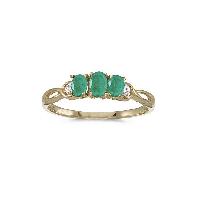 10k Yellow Gold Oval Emerald And Diamond Three Stone Ring