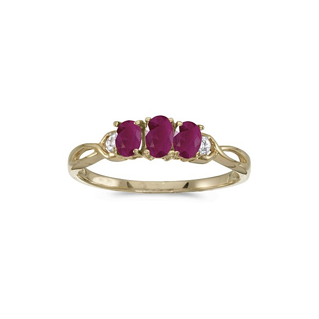 10k Yellow Gold Oval Ruby And Diamond Three Stone Ring