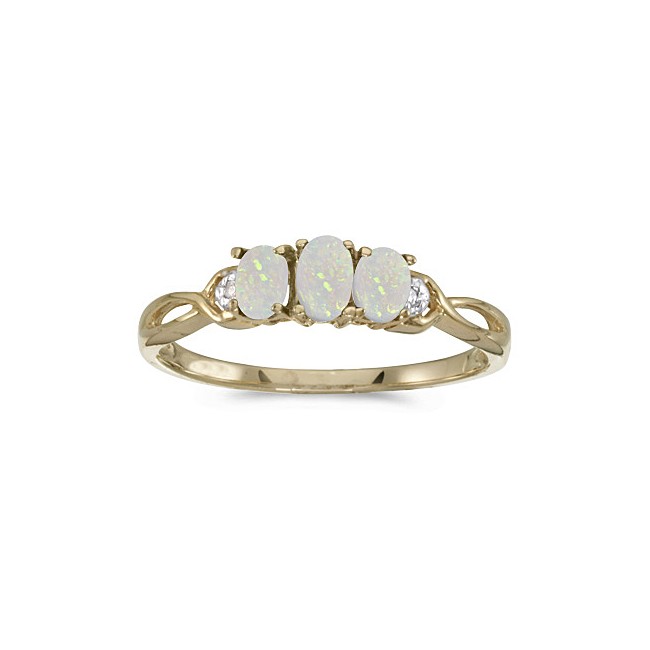 10k Yellow Gold Oval Opal And Diamond Three Stone Ring