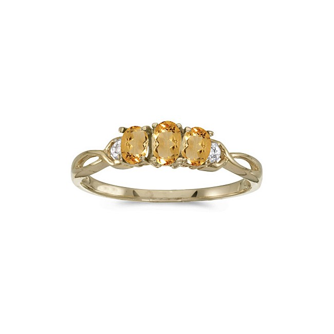 10k Yellow Gold Oval Citrine And Diamond Three Stone Ring