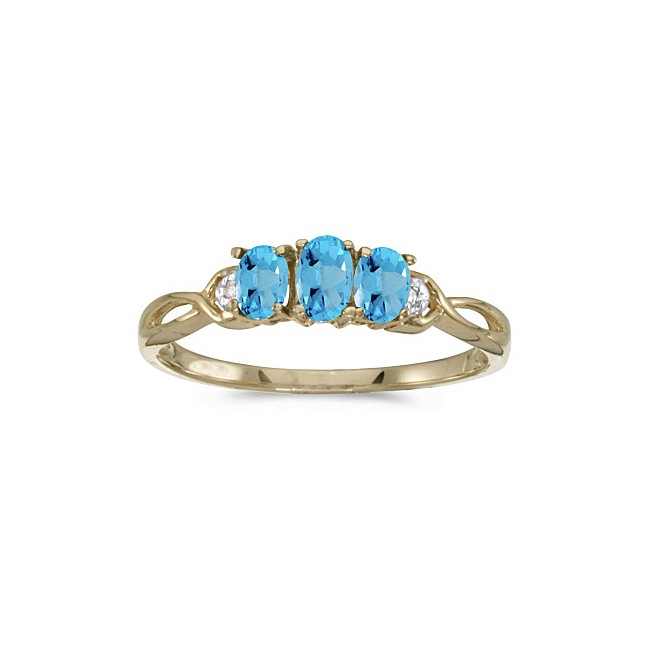 10k Yellow Gold Oval Blue Topaz And Diamond Three Stone Ring