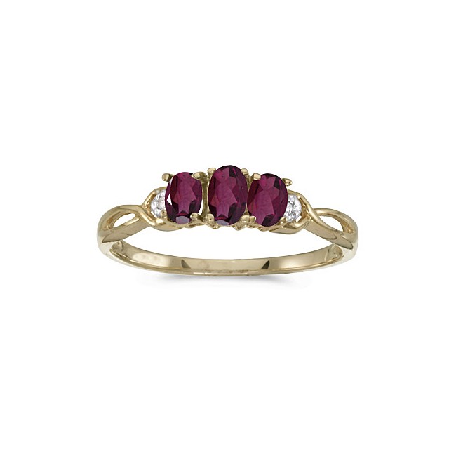 10k Yellow Gold Oval Rhodolite Garnet And Diamond Three Stone Ring